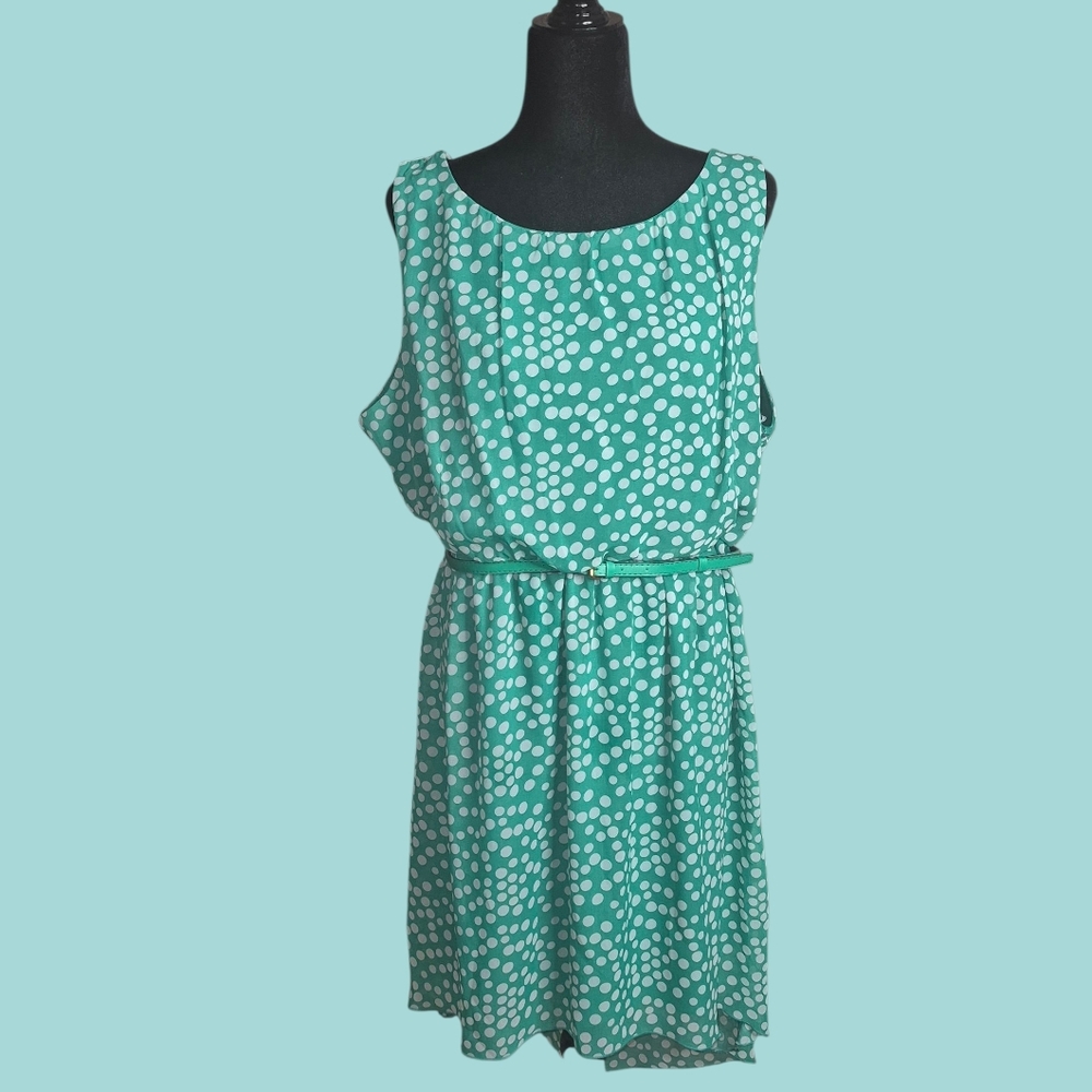 Voir Voir Women's Belted Polka Dot Sleeveless Dress - Green, Size 16